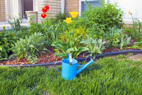 A vibrant garden scene featuring a well-maintained lawn of lush, green grass with a blue watering can placed on the foreground. Behind the lawn, there is a flowerbed with a variety of plants and blooming flowers, including red and yellow tulips, and leafy green foliage. The flowerbed is bordered by a black edging material, creating a neat separation from the grassy area. In the background, a white house with blue window frames and a wooden fence are partially visible, suggesting a suburban outdoor space in West Ham. The scene appears to be taken on a bright, sunny day with clear natural light illuminating the foliage and vibrant colors of the flowers, indicating good weather conditions. This outdoor environment is suitable for gardening and lawn care activities, reflecting professional landscaping and garden maintenance work typical of services provided by companies like Landscapers West Ham.