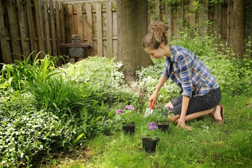 A young woman with curly hair tied back, wearing a blue and black checkered shirt and dark jeans, is kneeling on a well-maintained lawn in a backyard garden near a large tree. She is planting small flowering plants in individual black pots, which are arranged on the grass. The garden features various green plants, including tall leafy shrubs and low-lying ground cover, with a wooden fence in the background providing privacy. The scene is outdoors during daytime with natural light filtering through the trees, creating a peaceful and lush environment indicative of professional gardening or landscaping work further supported by the presence of tidy gardening elements and healthy plant growth. This setting aligns with landscaping services offered by Landscapers West Ham, serving the West Ham area with garden design and maintenance solutions.